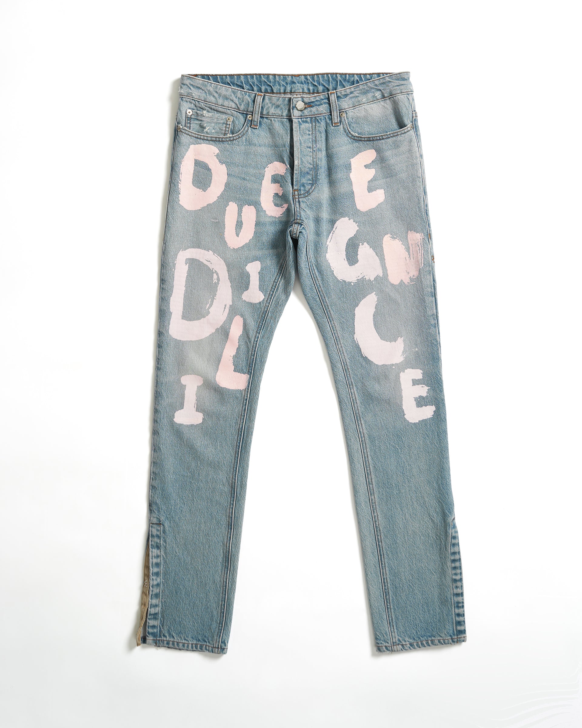 BLEACH WASH JEANS WITH PRINT - Due Diligence Apparel